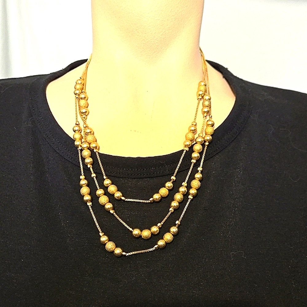 Vintage Triple strand gold texture beaded necklace
